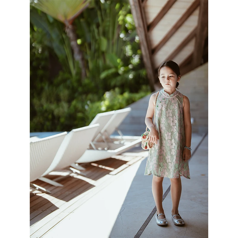 史豌豆女童2024夏季新款蕾丝旗袍裙 Y3626