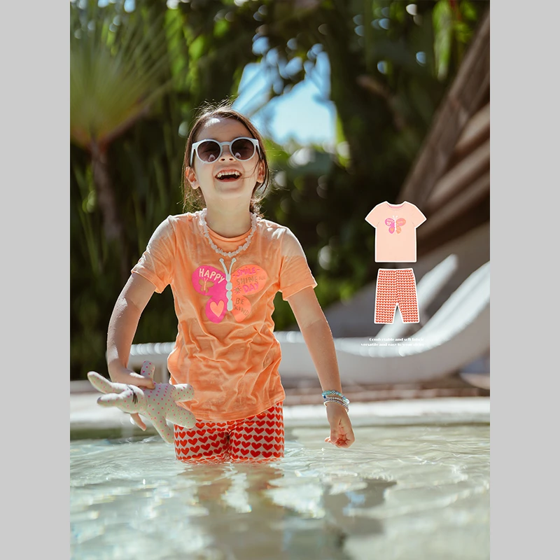 史豌豆女童2024夏季新款蝴蝶t爱心五分裤套装 Y3627 K1191