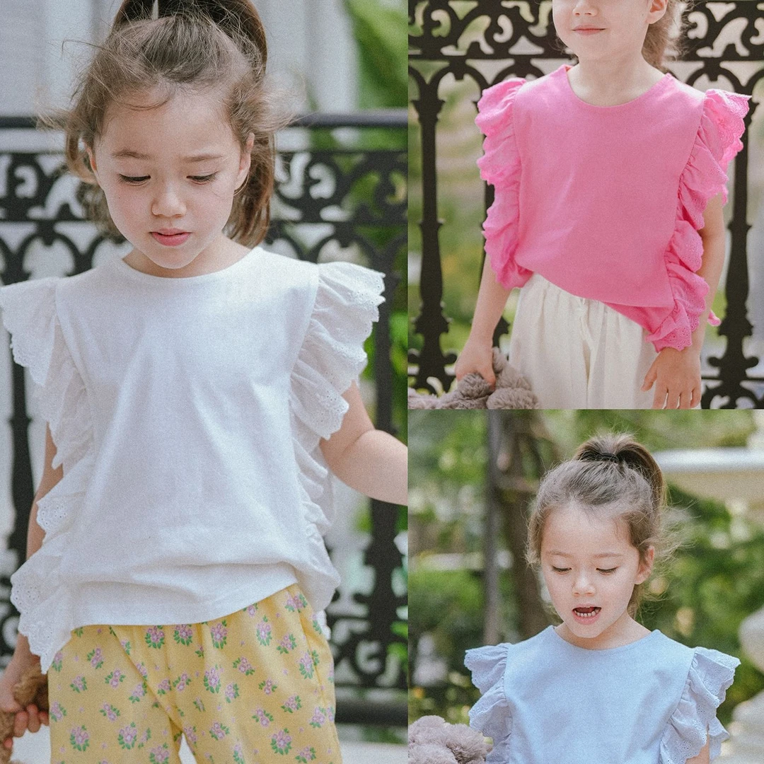 史豌豆女童夏季刺绣花边无袖纯色上衣 Q814