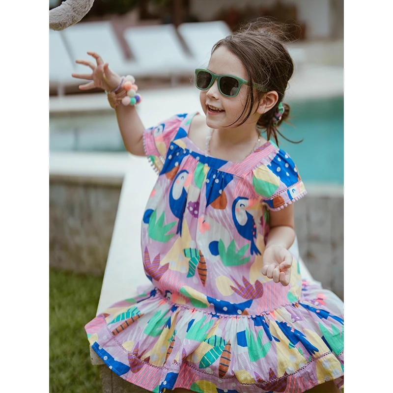 史豌豆女童2024夏季新款鸟语花香连衣裙Y3630