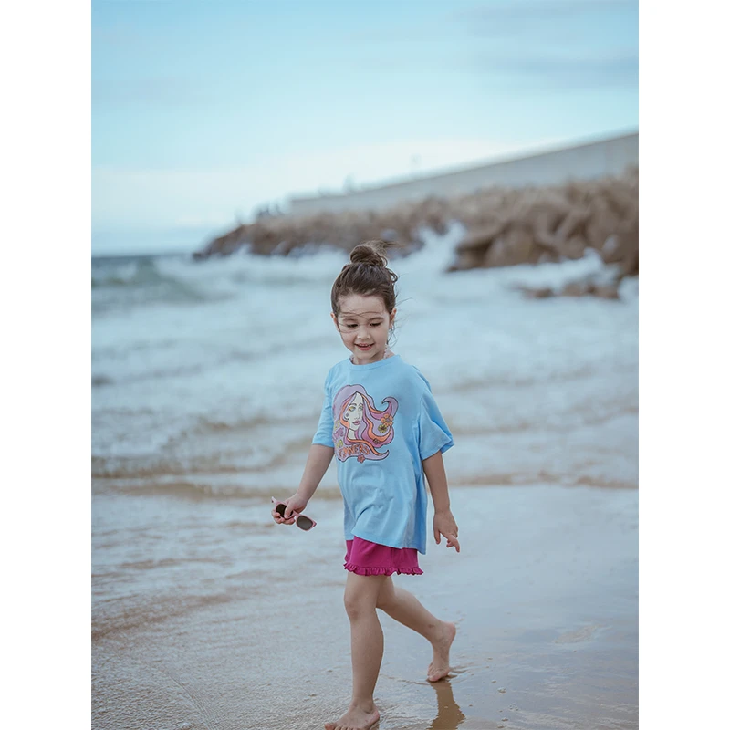 史豌豆女童浅水蓝宽松印花T恤  Y3512