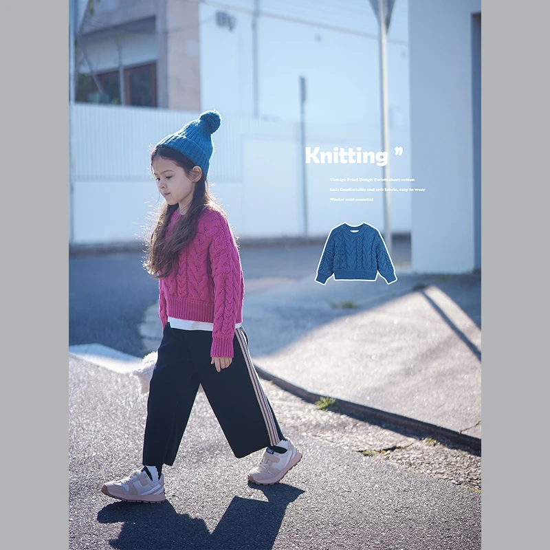 史豌豆女童复古麻花短款针织衫Q965