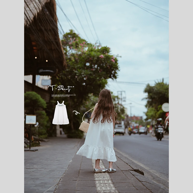 史豌豆女童2024夏季新款清新白色绣花吊带长裙  Y3003