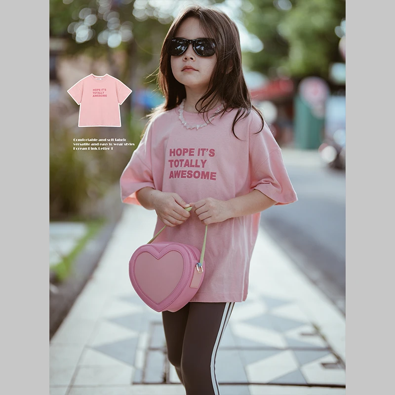 史豌豆女童2024夏季新款韩粉色字母短袖T恤  Y2988