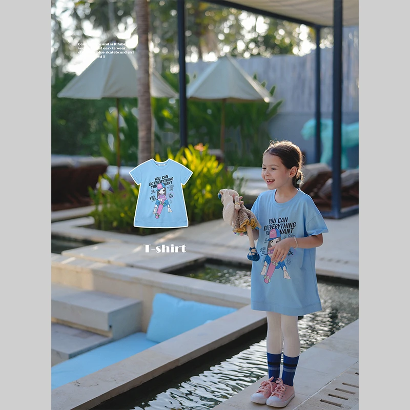 史豌豆女童2024夏季新款天蓝色滑板女孩短袖T Y3216