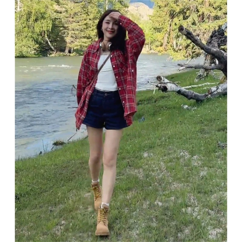 美式复古长袖防晒格子衬衫女2024早秋季新款宽松休闲百搭薄款外套