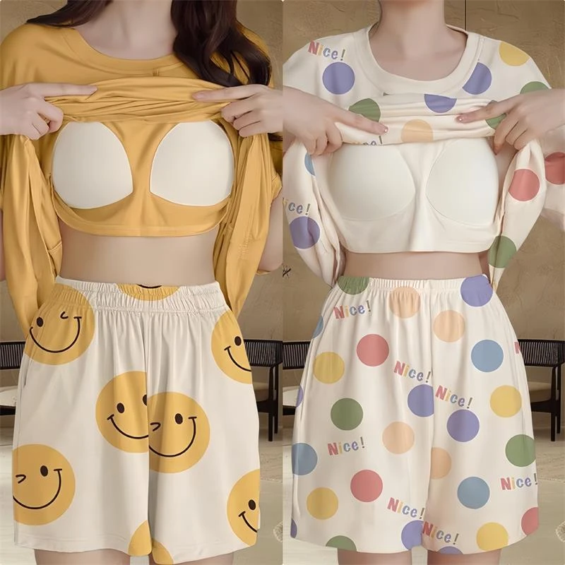 【买一送一】自带胸垫春夏季睡衣女套装学生甜美夏天薄款透气家居服