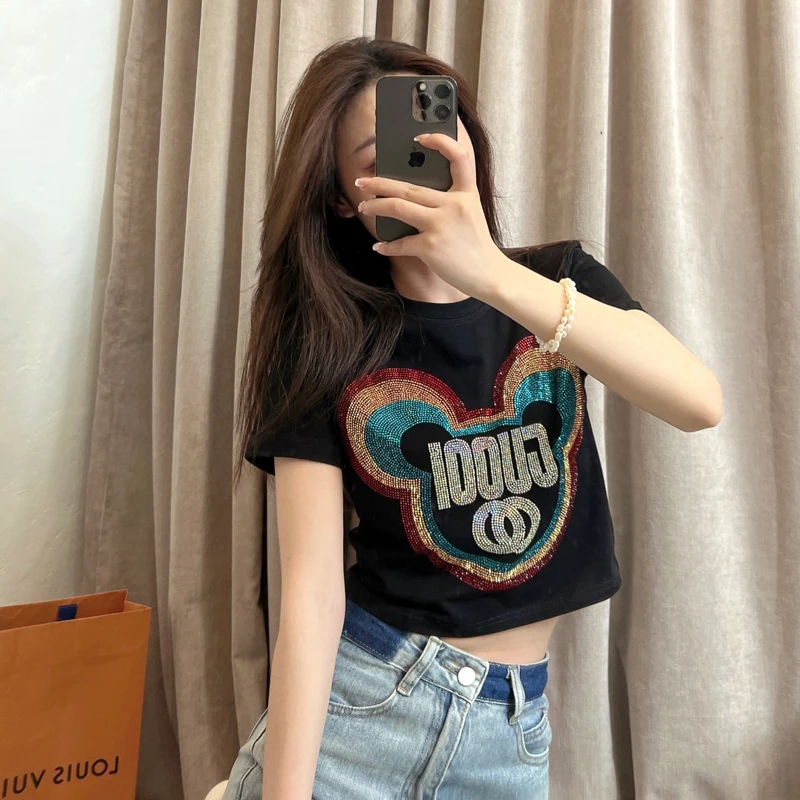 黑色短袖t恤女2023新款夏重工烫钻高腰设计感小个子宽松短款上衣