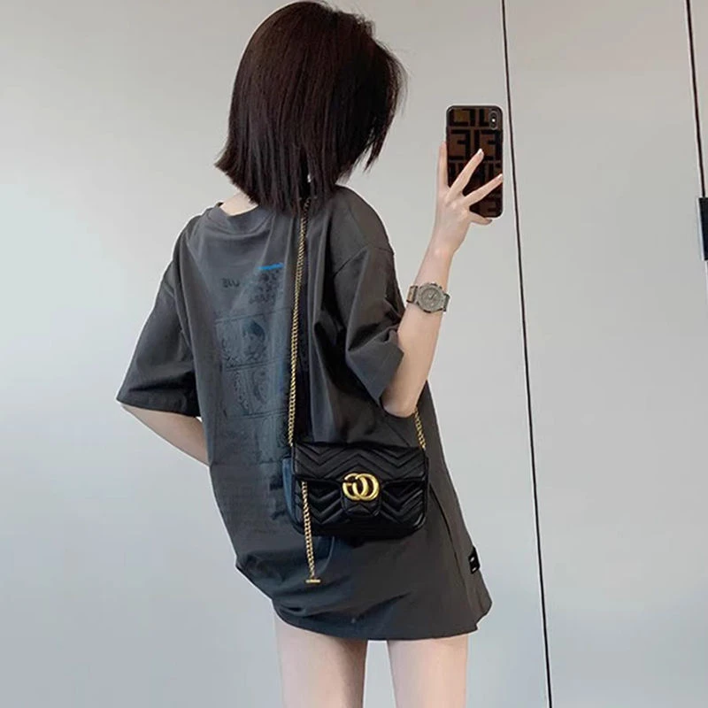 2024新款欧货灰色短袖女t恤宽松中长款遮屁股美式复古上衣