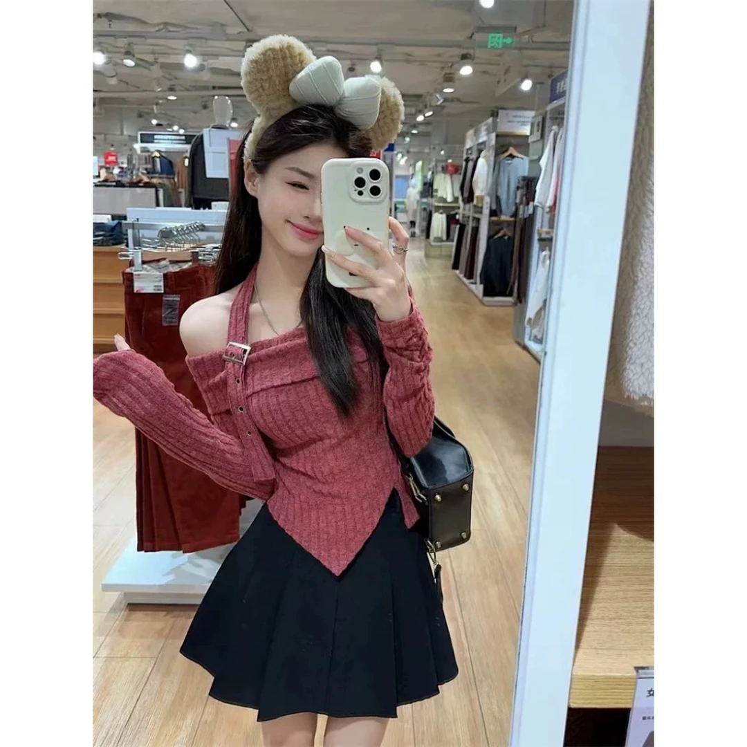 【芭乐甜心】6803+6879微胖秋季挂脖一字肩打底衫女不规则辣妹上衣