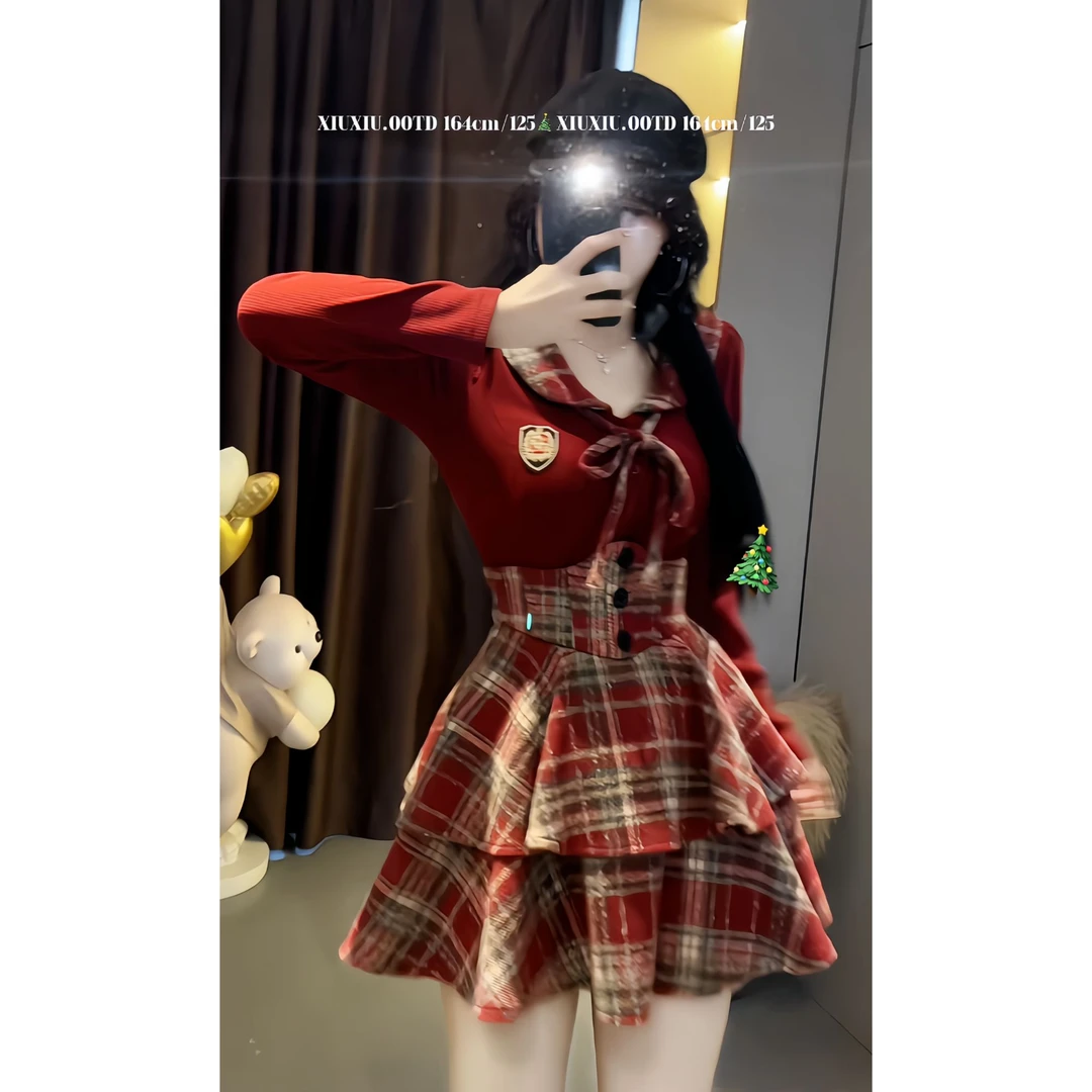 【冬日恋曲】大码学院时尚套装女秋冬拼接衬衫+格纹束腰裙显瘦