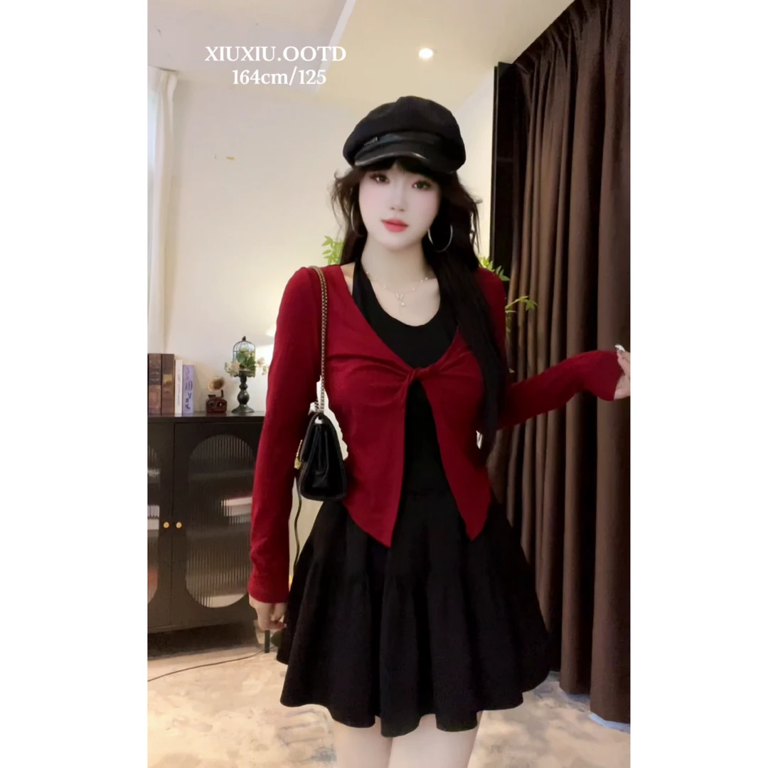 【心动记忆】6996+6329微胖U领拼接假两件扭结长袖T恤早秋显瘦上衣