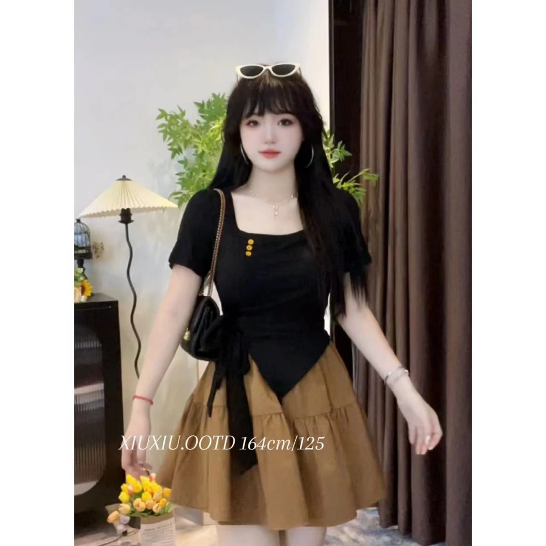 【通勤法则】6709+6329微胖新款方领纽扣系带不规则T恤收腰减龄上衣