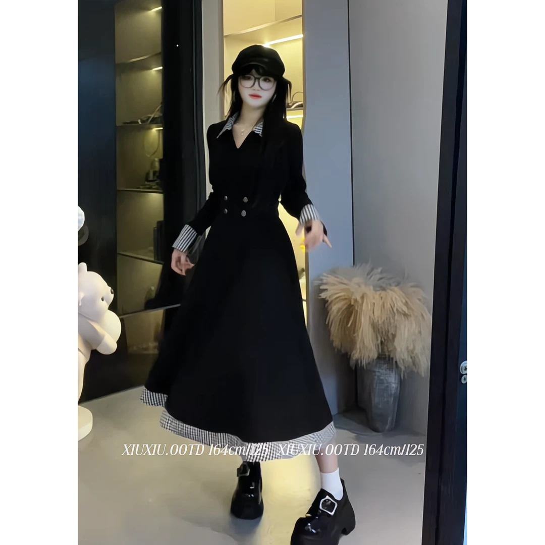 【格纹记忆】7535格子拼接长袖针织衫秋季修身设计感鱼骨束腰裙套装