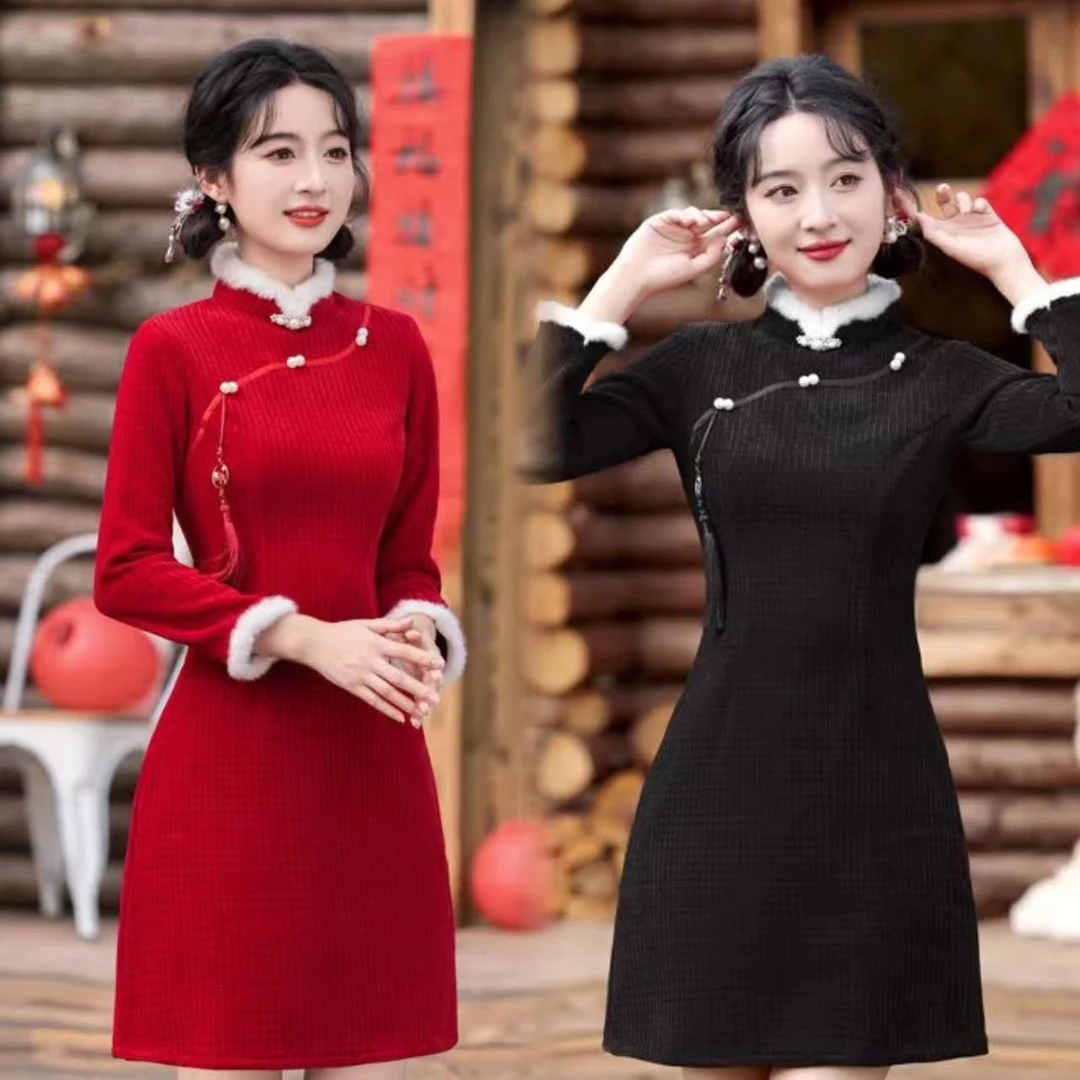 喜气洋洋--冬季新款加绒加厚宴会拜年礼服敬酒服改良版旗袍小个子