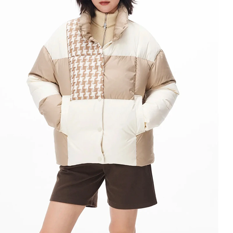 (拼接千鸟格羽绒服)A085秋冬季时尚休闲百搭千鸟格短款羽绒服W