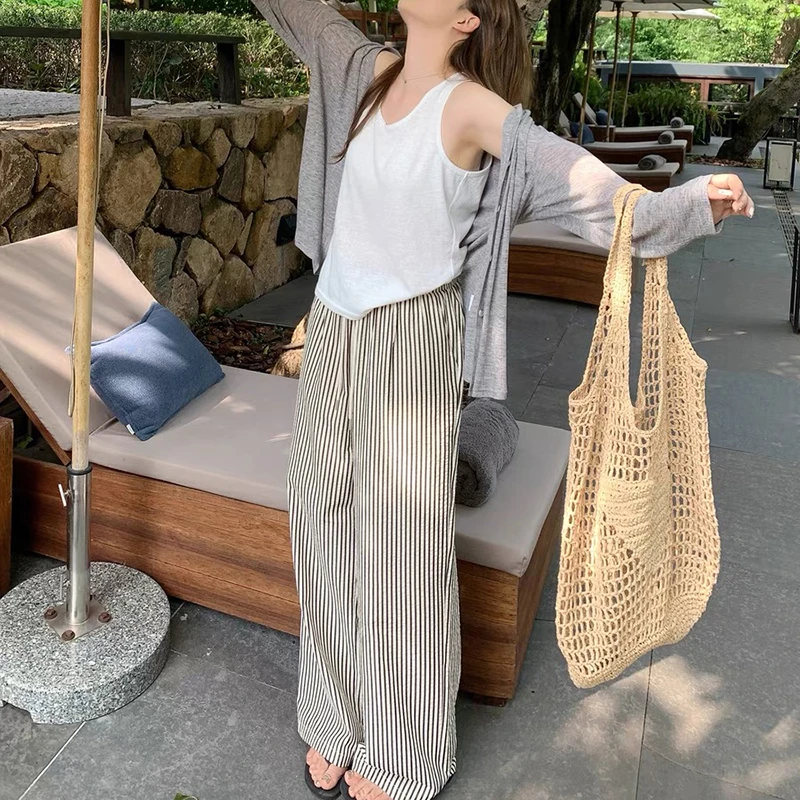 （竖条纹休闲裤）夏季新款韩版舒适透气垂感竖条纹抽绳休闲裤Z