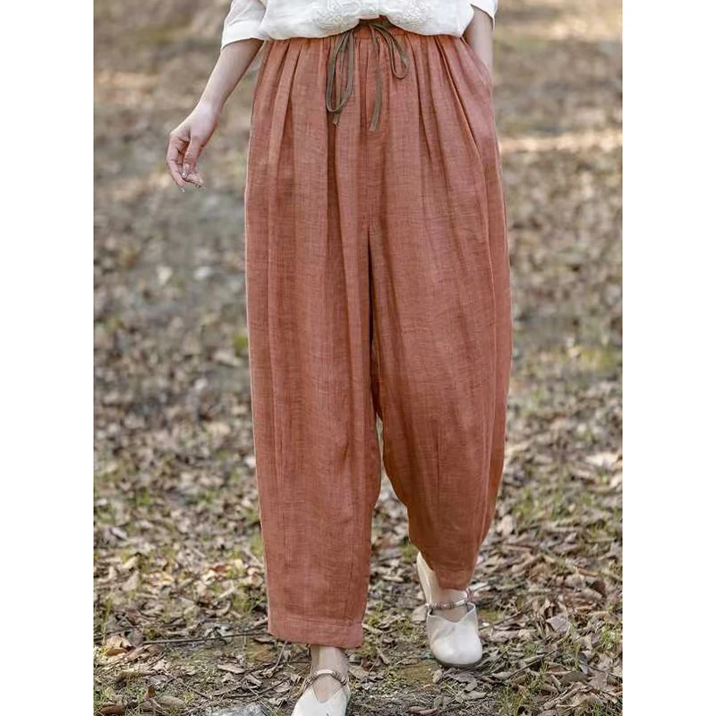 （双层苎麻萝卜裤）8800夏季新款文艺复古腰部撞色系带休闲裤T