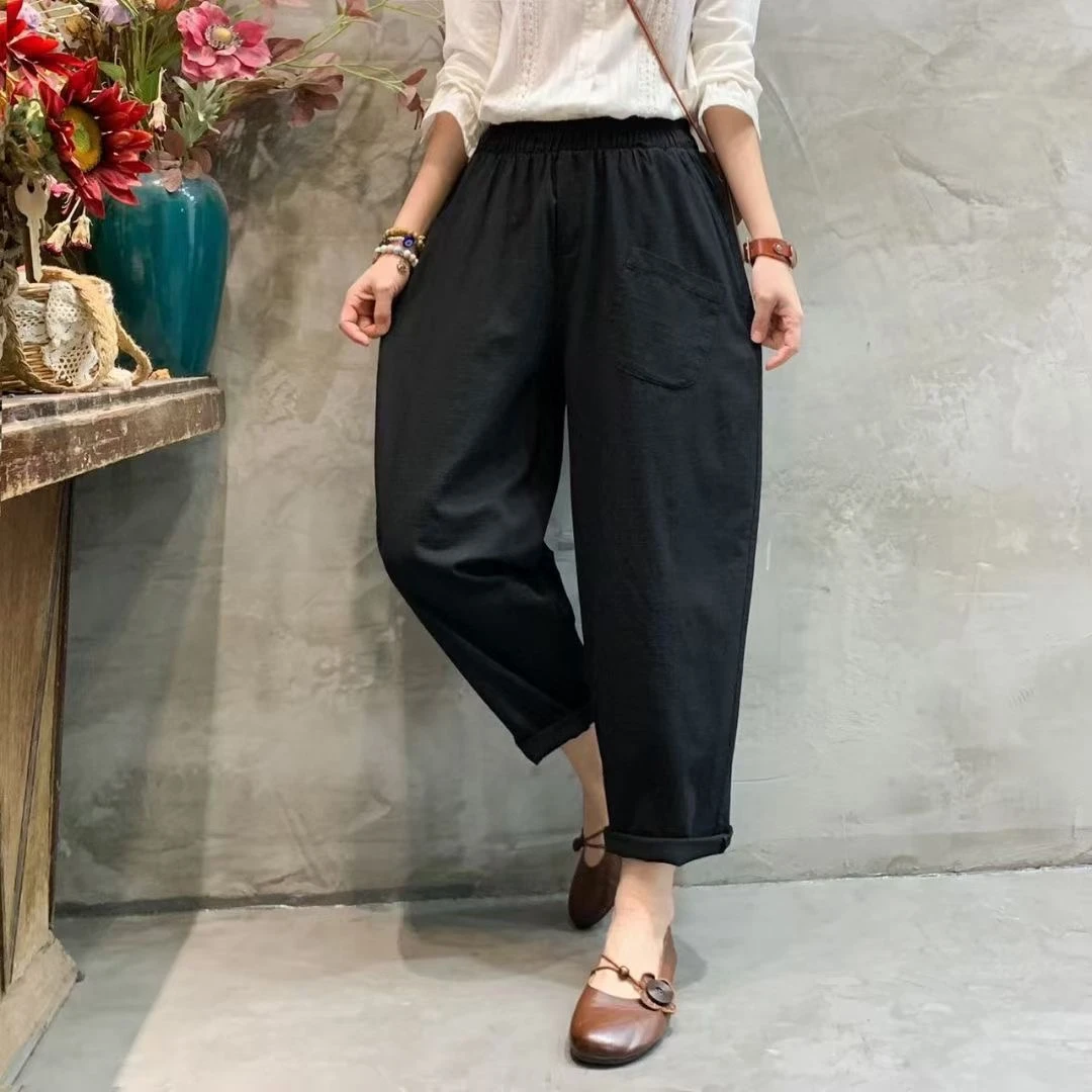 （九分宽松休闲裤）2023夏季文艺新款高腰显瘦哈伦裤薄款阔腿裤G
