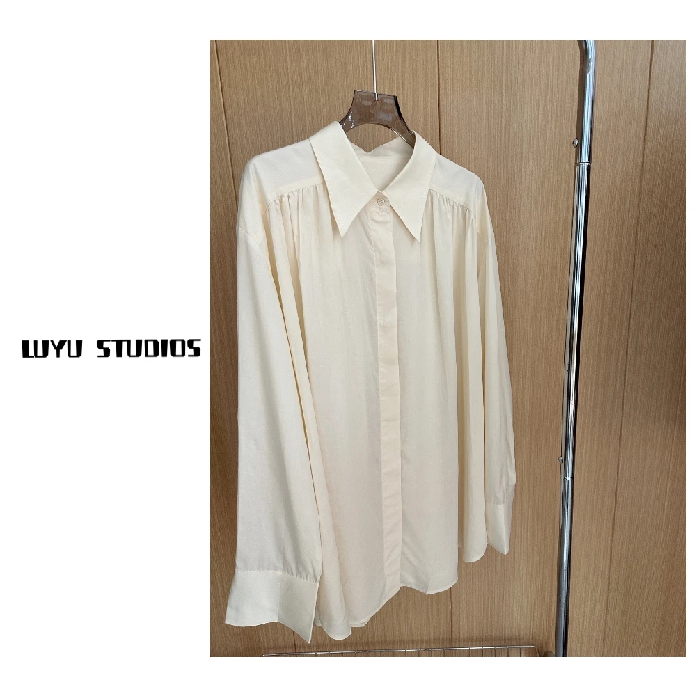 LUYU  小众轻奢 翻领 褶皱 百搭高级 米杏 天丝 衬衣