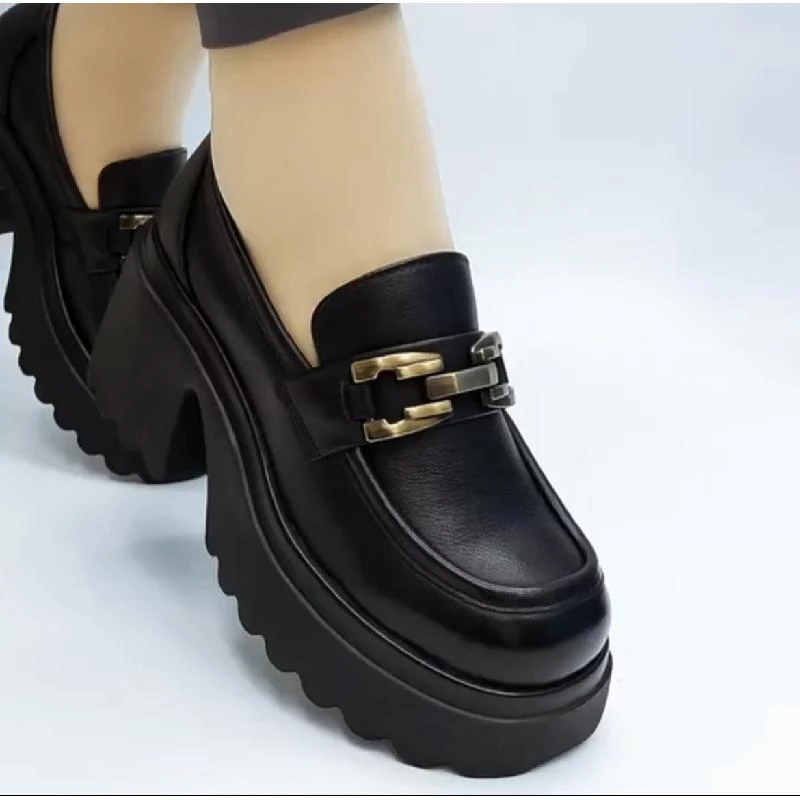 英伦小皮鞋女软皮2025春秋季新款复古粗跟厚底一脚蹬乐福鞋单鞋女