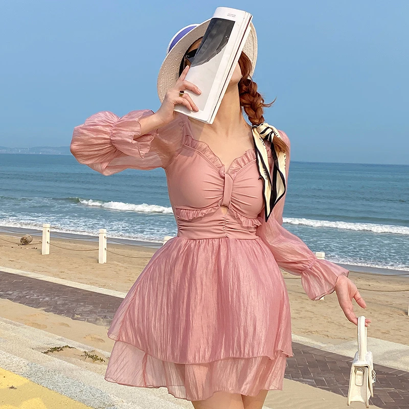 沐赛伊大码胖mm 泳衣女200斤夏季新款保守连体裙式时尚遮肚长袖