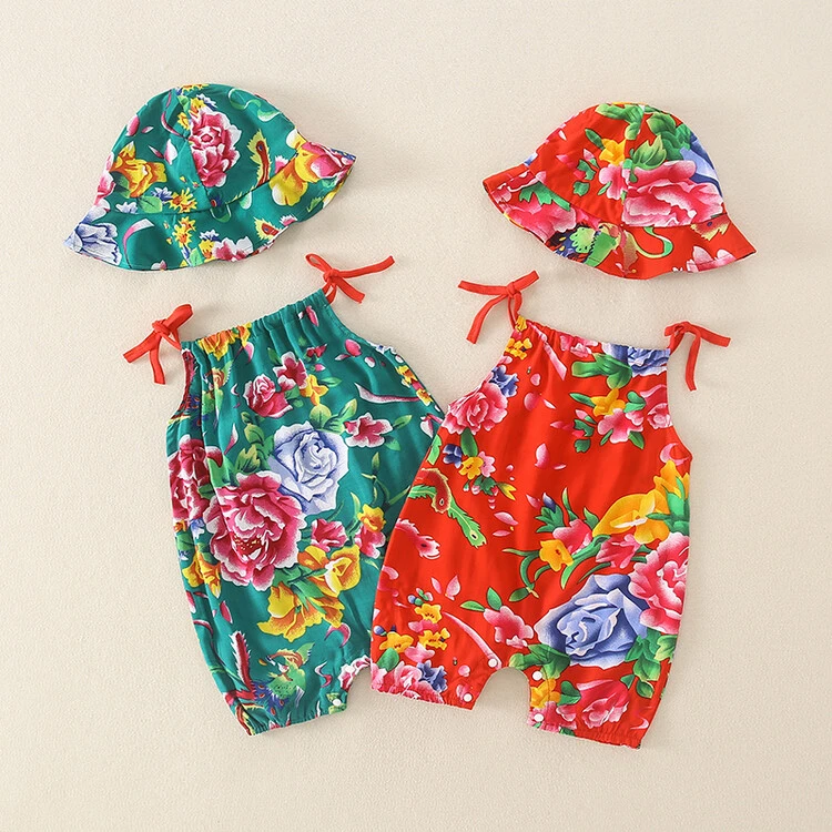 婴儿吊带包屁衣纯棉夏装东北大花衣服宝宝民族风薄款周岁可爱哈衣