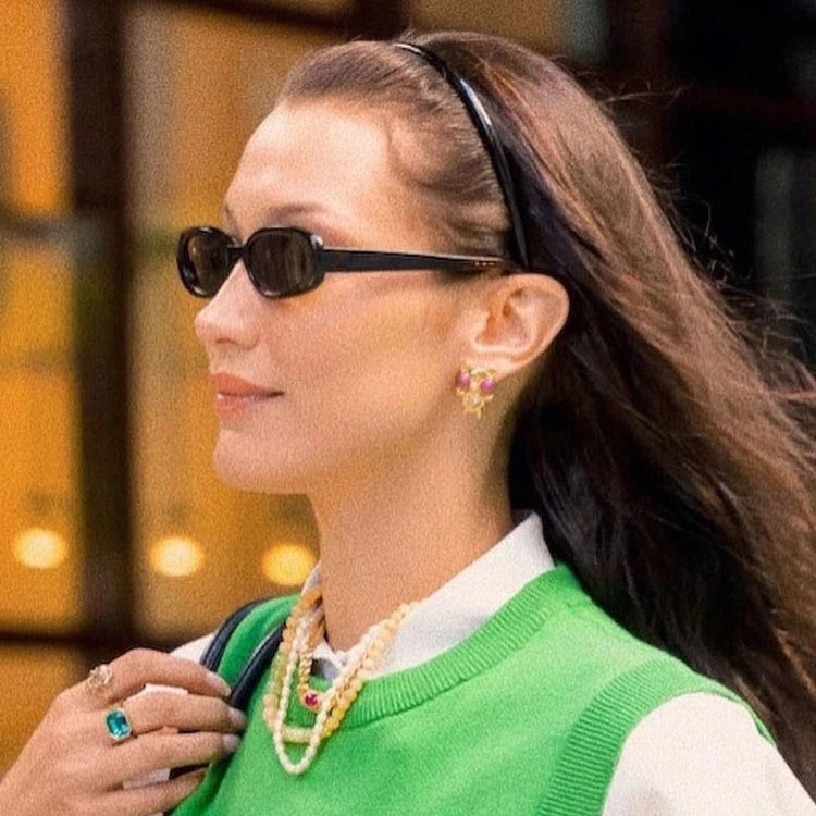 bella同款美式复古小窄框椭圆墨镜女高级感黑色太阳眼镜小脸拍照