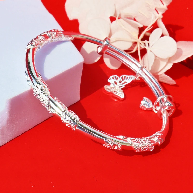 足银手镯 纯银手镯子女999年轻款手饰繁花银实心母亲节送妈妈礼物