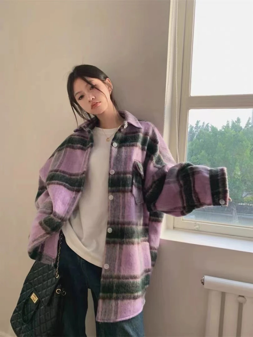 【葡萄紫】陈思思紫色毛呢外套女秋冬季美式复古设计感小众宽松大衣