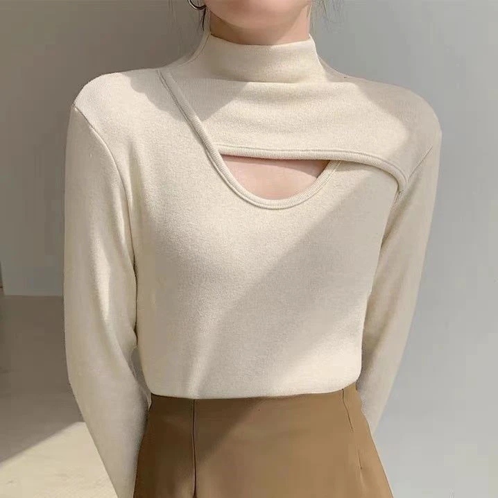 半高领双面绒镂空衫网红半高领镂空打底衫打底衫女款春秋内搭套头