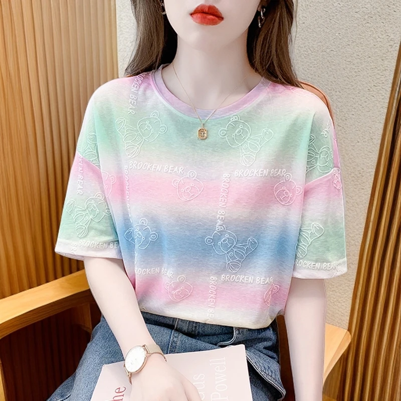 彩虹条纹T恤女新款渐变色女装洋气时尚洋气精致短袖洋气衣服女