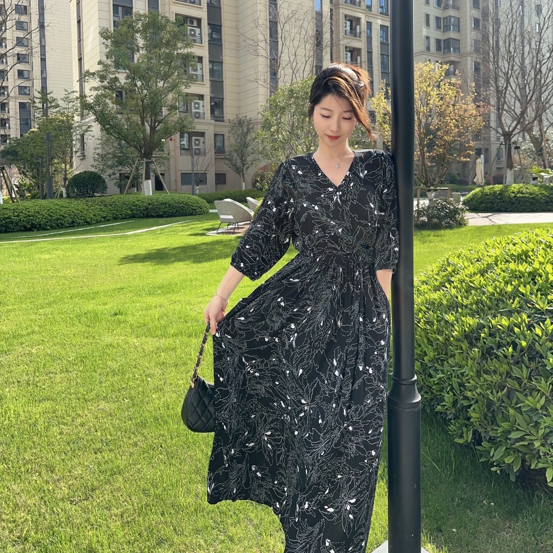 棉绸连衣裙法式高级感女夏人造棉宽松胖mm中长款裙子