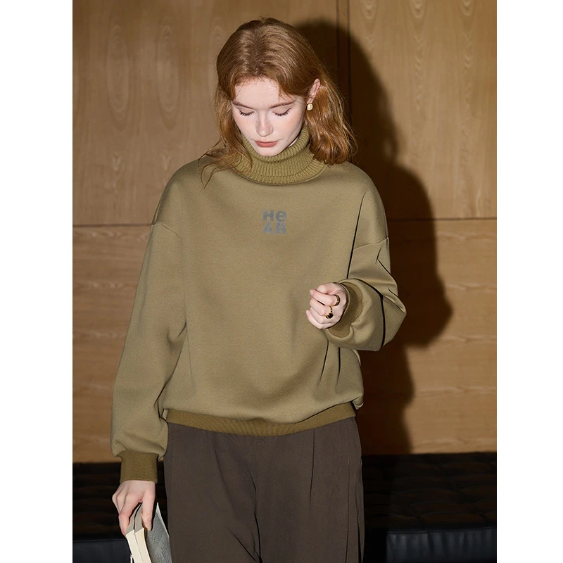 【混纺针织棉】库恩玛维高领加绒卫衣女装2025年冬季新款套头上衣
