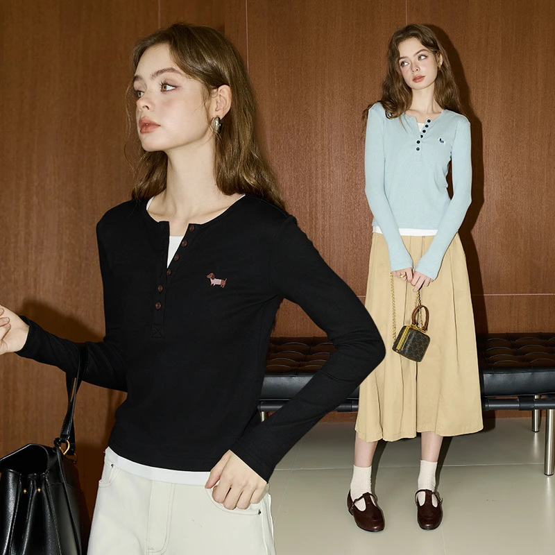 【双色】库恩玛维美式亨利领长袖T恤女2025年早春新款假两件上衣