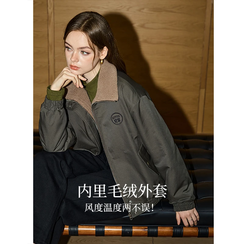 库恩玛维复古中性风棉服女装2025年冬季新款酷飒方领加绒上衣外套