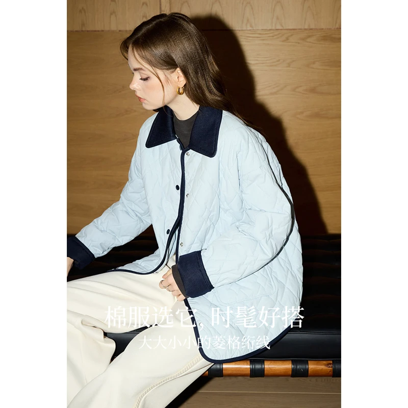【棉100%】库恩玛维小清新蓝色棉服女装2025年秋新款翻领菱格棉衣
