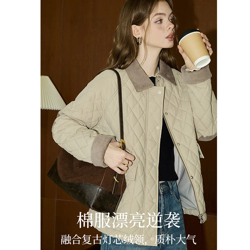 【 棉100%】库恩玛维经典菱格棉服女2025年冬季新款时尚休闲女外套