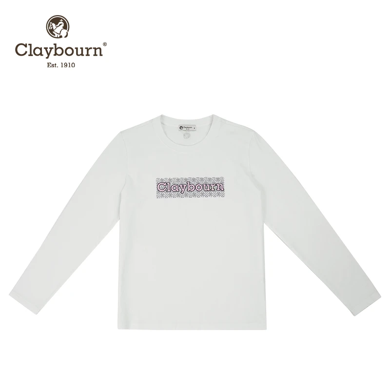 Claybourn/考拉奔秋季新款女装修身刺绣长袖T恤圆领百搭打底衫女