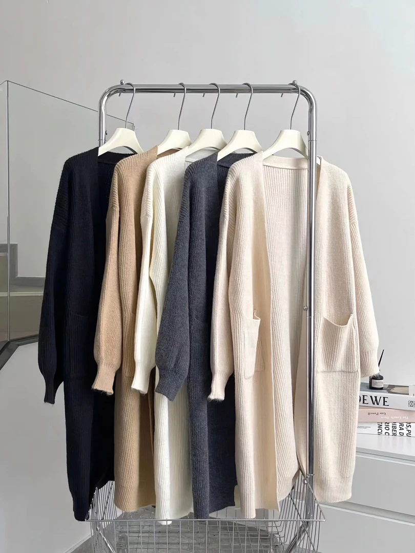 慵懒感过膝中长款针织开衫女宽松甜美软糯纯色针织毛衣外套