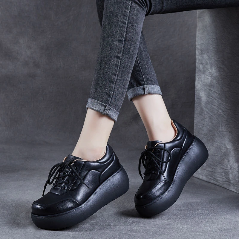 单鞋女真皮软底防滑高跟乐福鞋小个子增高厚底松糕鞋轻便休闲皮鞋