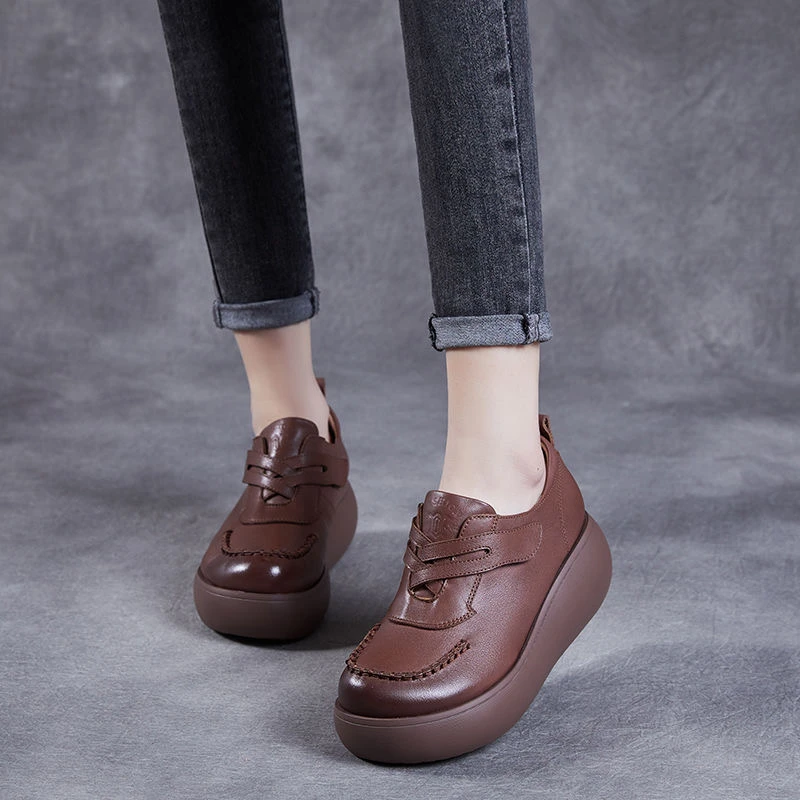 真皮单鞋女秋季小个子增高厚底乐福鞋软底松糕鞋英伦复古休闲皮鞋