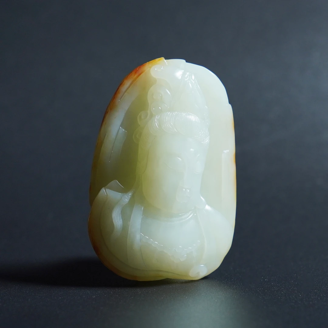 H2412042974/20世纪中期/琥珀烫观音宝相花玉牌佩 文玩