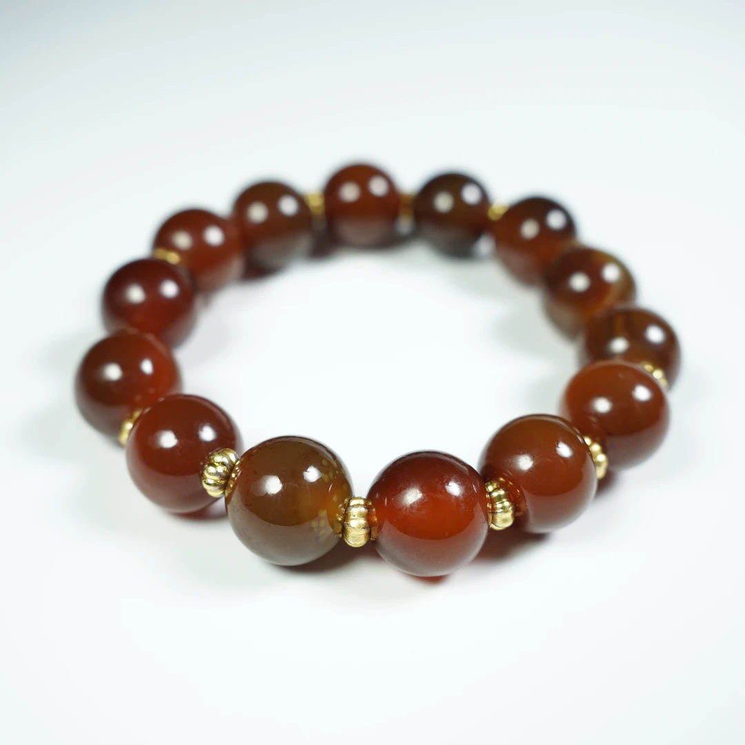 H2412022949-001/清代-19世纪/糖化橘玛瑙圆珠手串 古董 文玩