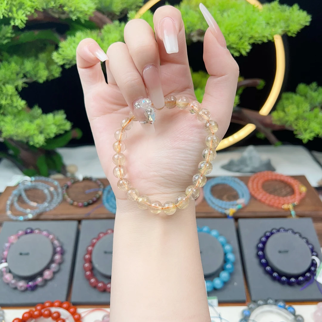 天然金发晶手链 转运招财黄水晶手串单圈黄发晶金发晶手链转运珠