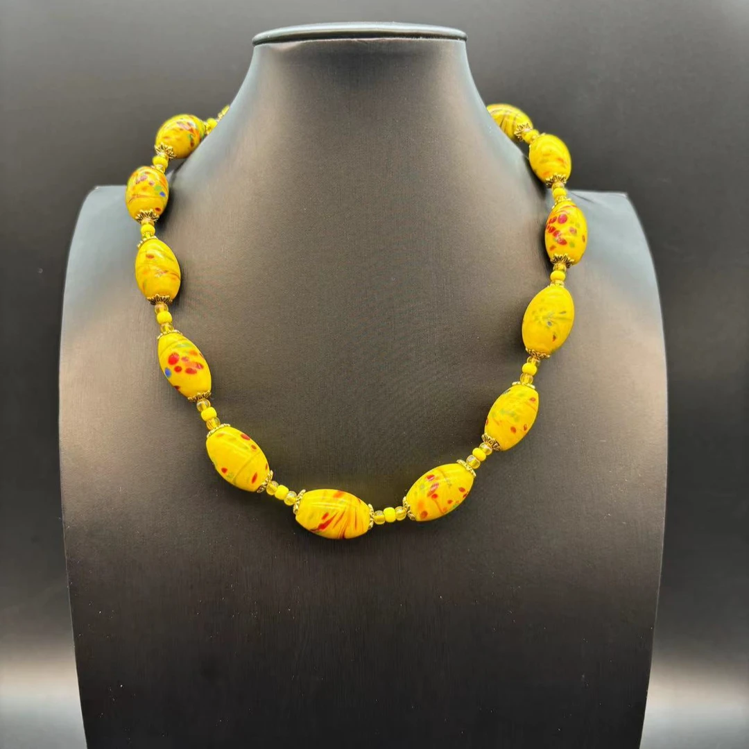 509003黄色点彩莲子琉璃项链时尚复古彩色
