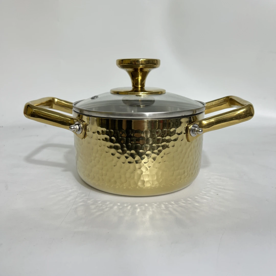 迪尼兰16CM高度9公分火锅汤锅煮粥煮奶双耳不粘锅金色锤纹汤锅