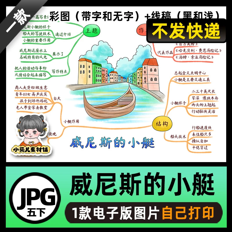B668人教五年级语文下册18威尼斯的小艇思维导图高清线稿电子版