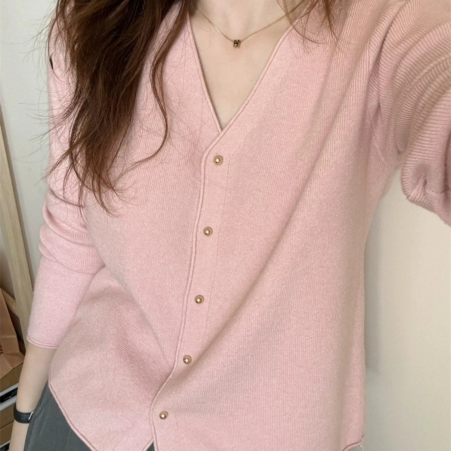 长袖V领秋款针织开衫女温柔粉色减龄薄款毛衣外套短款宽松上衣潮