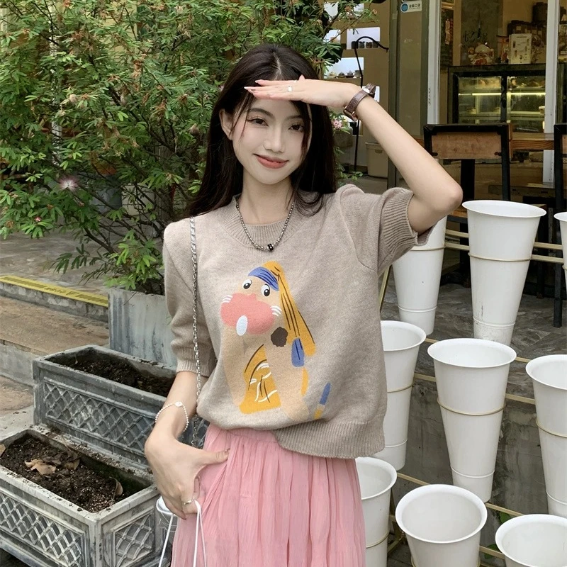 2025韩系女装夏季可爱卡通印花短袖t恤针织衫单件薄款套头上衣女